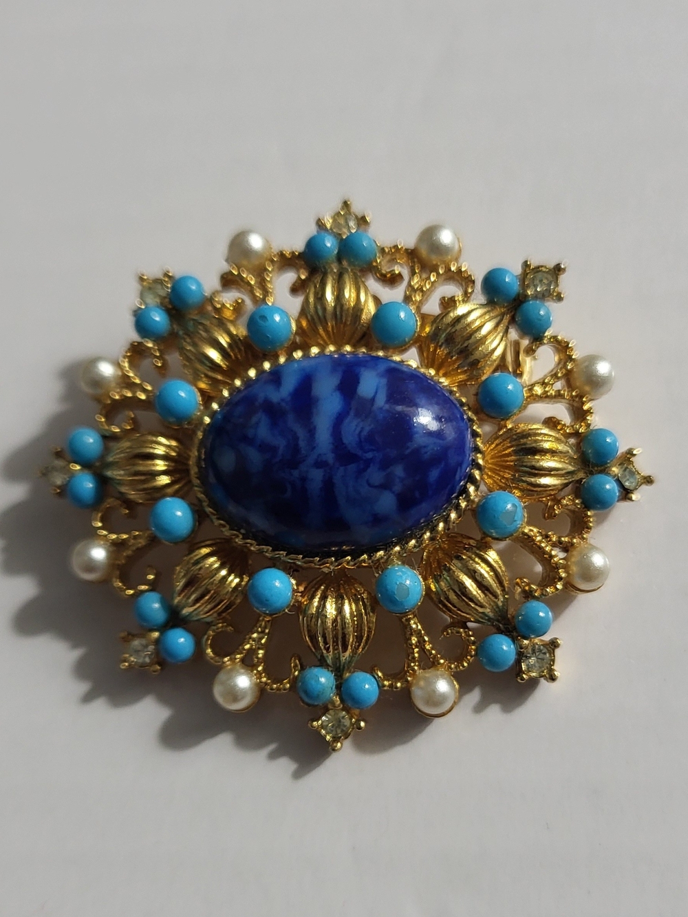 Vintage Gold-Tone Brooch with Blue  Cabochon and Faux Turquoise Accents